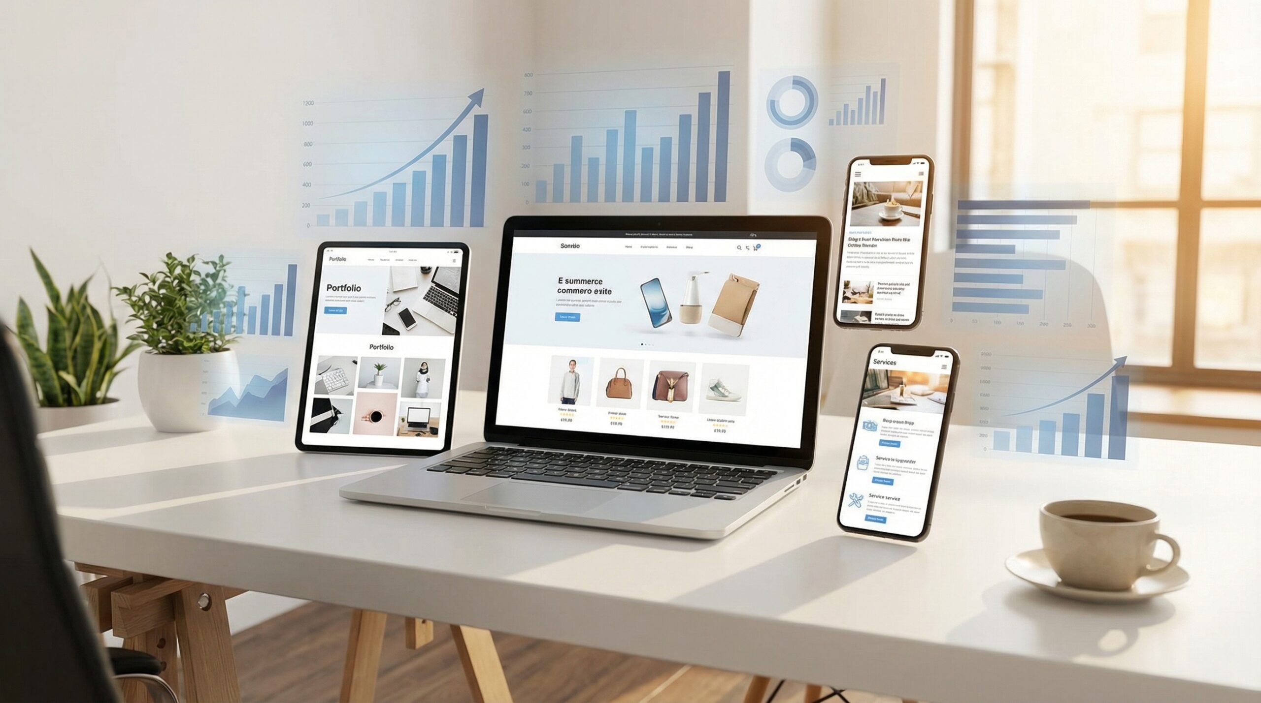 Case Studies - Website mockups on multiple devices with growth analytics